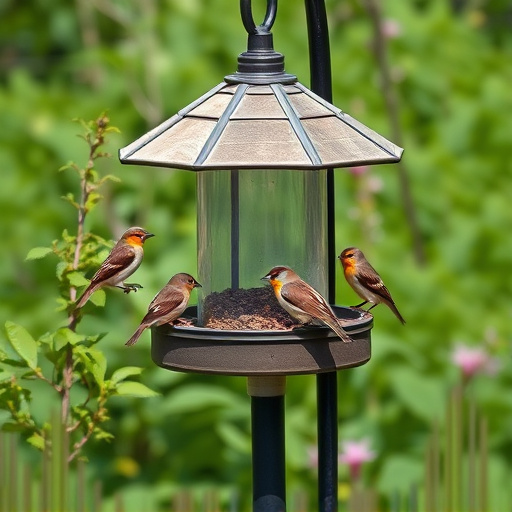 Bird feeding station surrounded by greenery