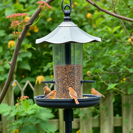 Bird feeding station surrounded by greenery