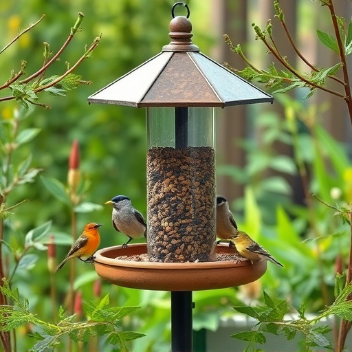 Bird feeding station surrounded by greenery