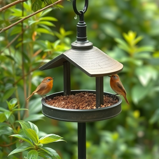 Bird feeding station surrounded by greenery