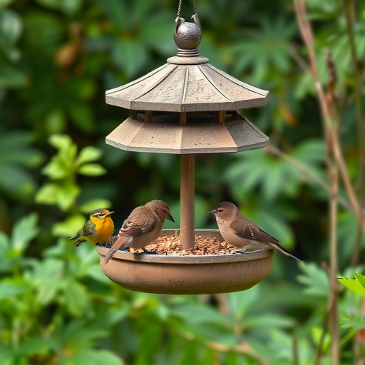 Bird feeding station surrounded by greenery