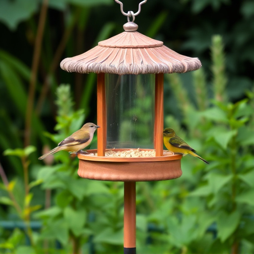 Bird feeding station surrounded by greenery