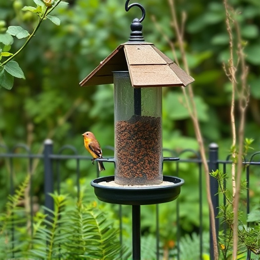Bird feeding station surrounded by greenery