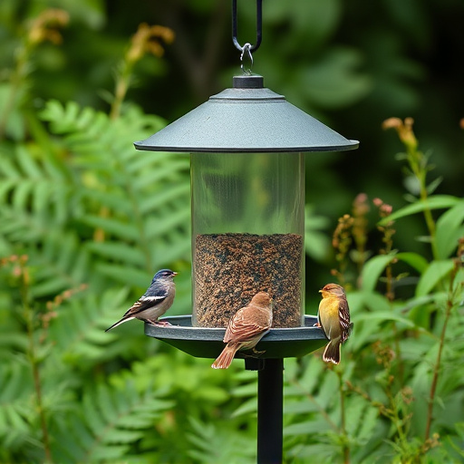 Bird feeding station surrounded by greenery