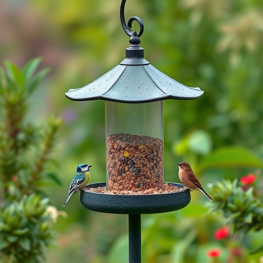 Bird feeding station surrounded by greenery