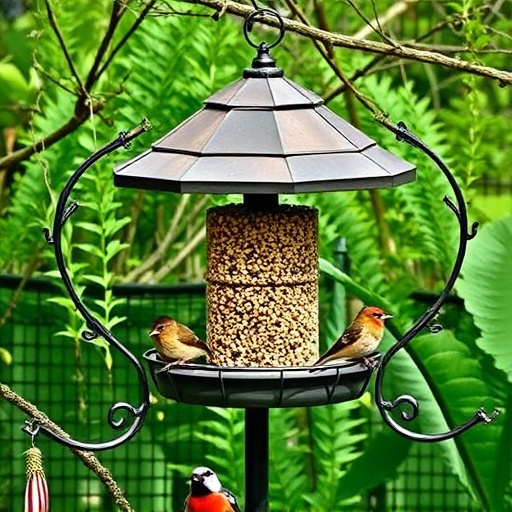 Bird feeding station surrounded by greenery