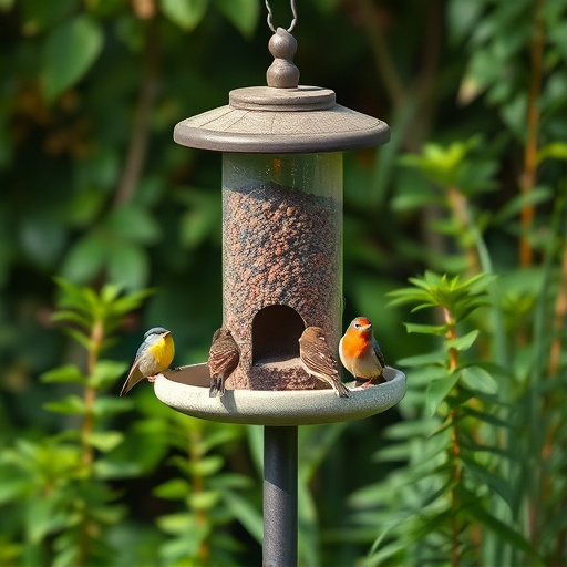 Bird feeding station surrounded by greenery