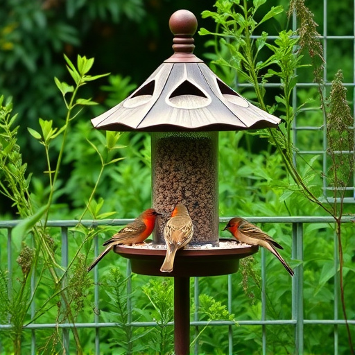 Bird feeding station surrounded by greenery
