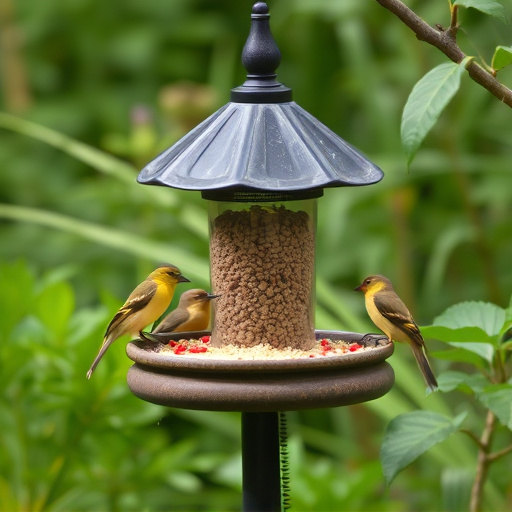 Bird feeding station surrounded by greenery