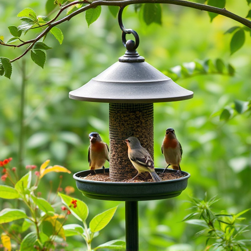 Bird feeding station surrounded by greenery