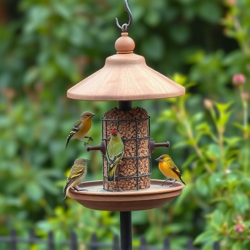 Bird feeding station surrounded by greenery