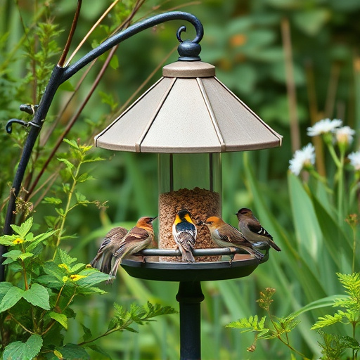 Bird feeding station surrounded by greenery