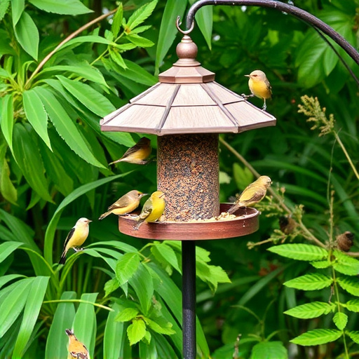 Bird feeding station surrounded by greenery