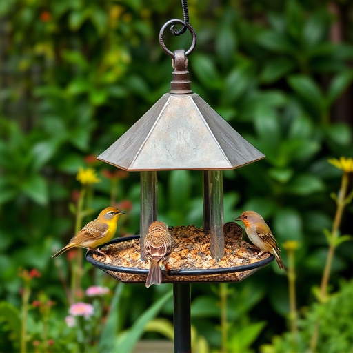 Bird feeding station surrounded by greenery