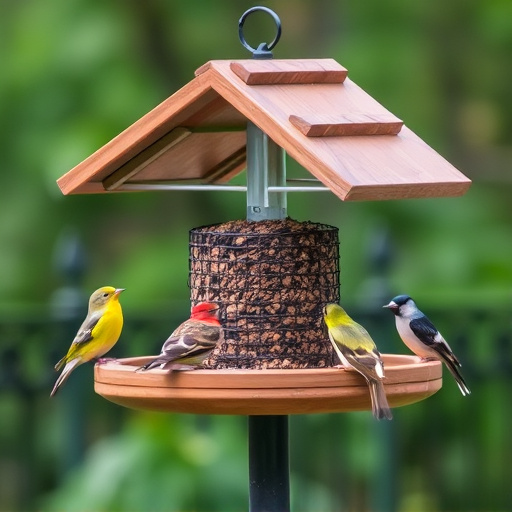 Bird feeding station with roof cover