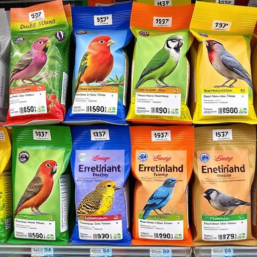 Bird food packets with price labels