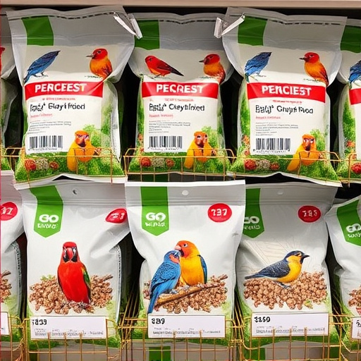 Bird food packets with price labels
