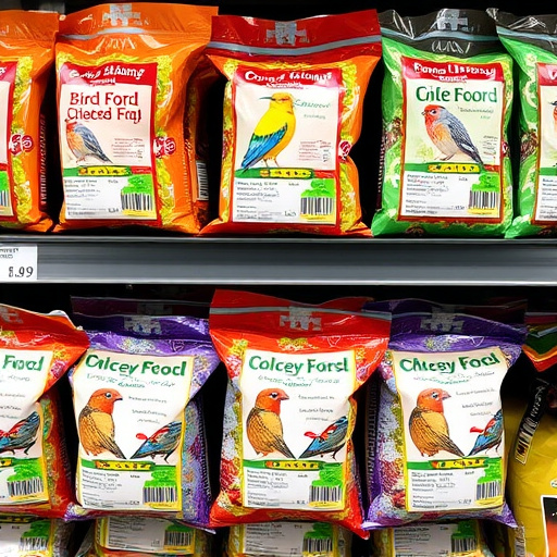 Bird food packets with price labels