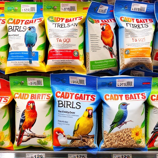 Bird food packets with price labels