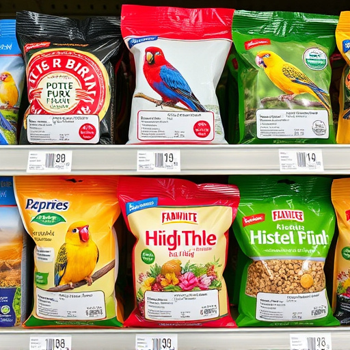 Bird food packets with price labels