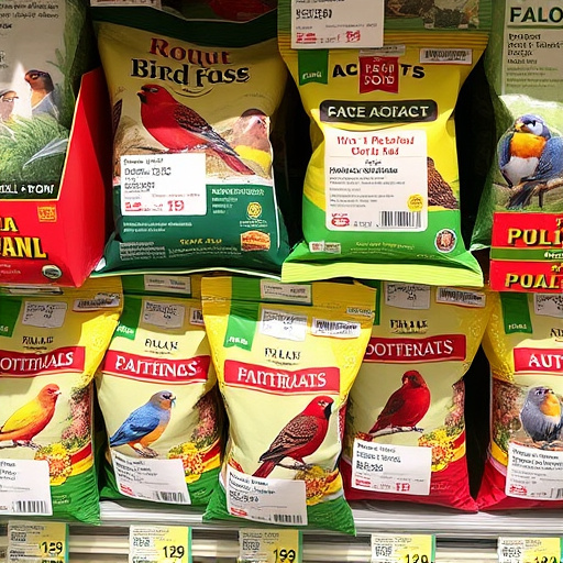 Bird food packets with price labels