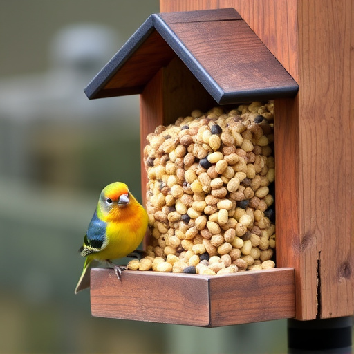 Bird food pellets in wooden feeder