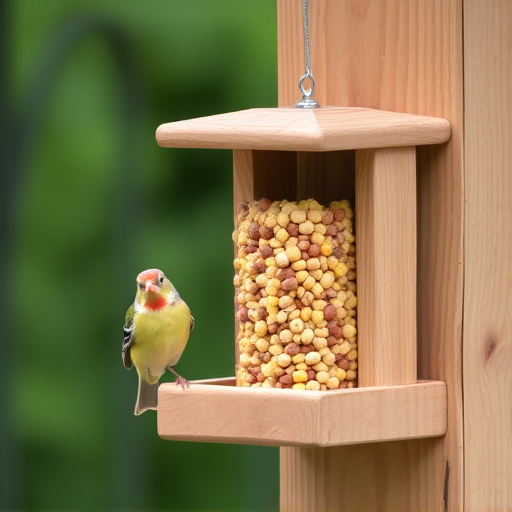Bird food pellets in wooden feeder