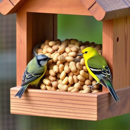 Bird food pellets in wooden feeder