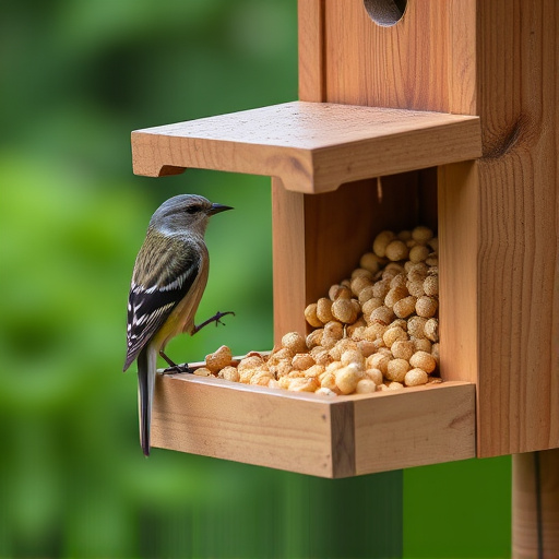 Bird food pellets in wooden feeder