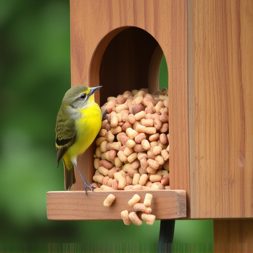 Bird food pellets in wooden feeder