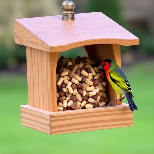 Bird food pellets in wooden feeder