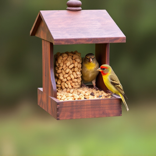 Bird food pellets in wooden feeder