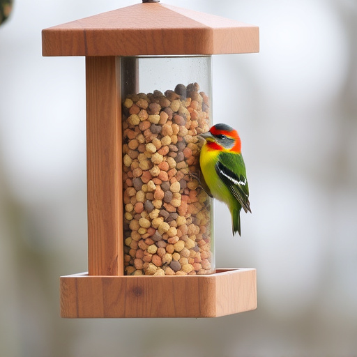 Bird food pellets in wooden feeder