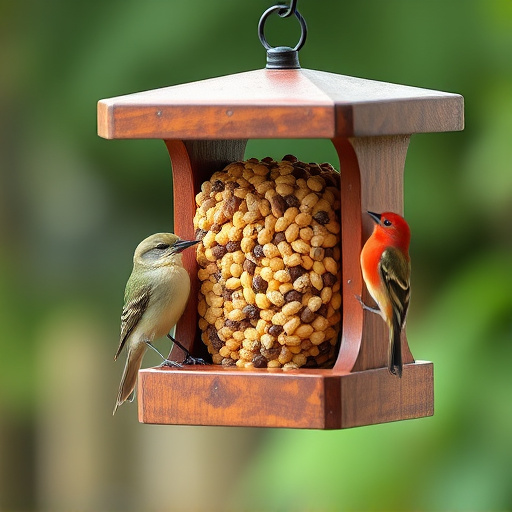Bird food pellets in wooden feeder