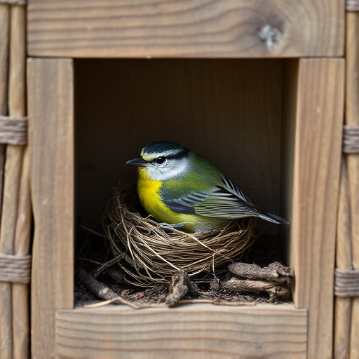 Bird nesting inside cozy wooden box