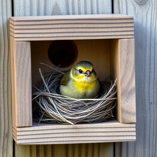 Bird nesting inside cozy wooden box