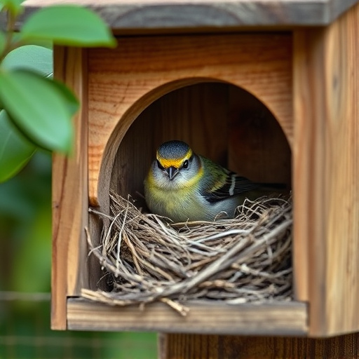 Bird nesting inside cozy wooden box
