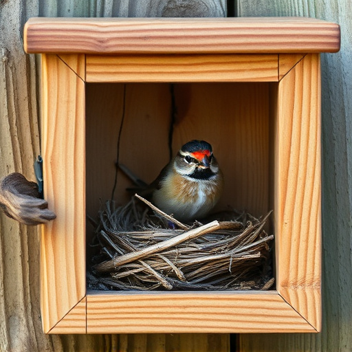 Bird nesting inside cozy wooden box