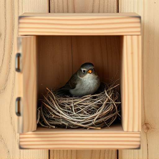 Bird nesting inside cozy wooden box