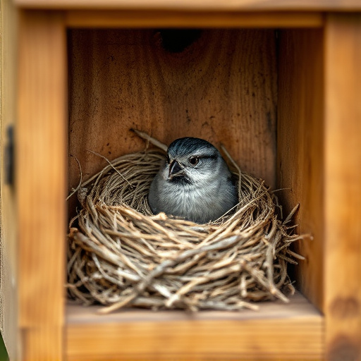 Bird nesting inside cozy wooden box