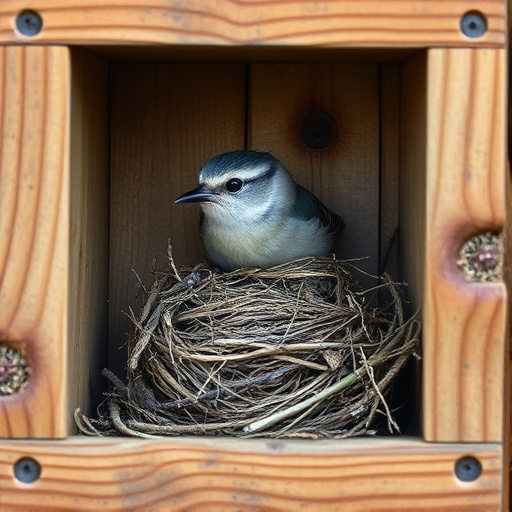 Bird nesting inside cozy wooden box