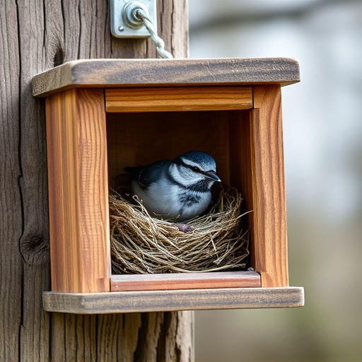 Bird nesting inside cozy wooden box