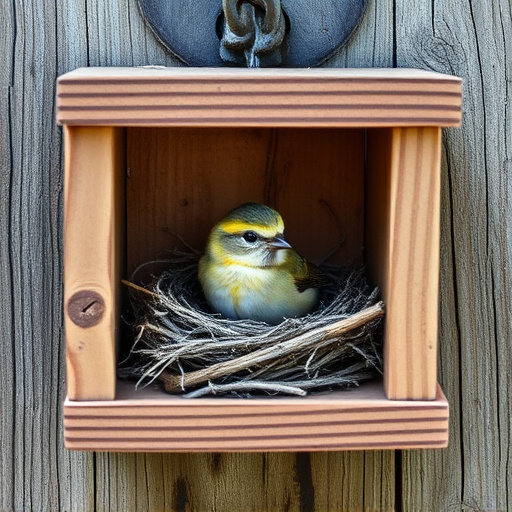 Bird nesting inside cozy wooden box