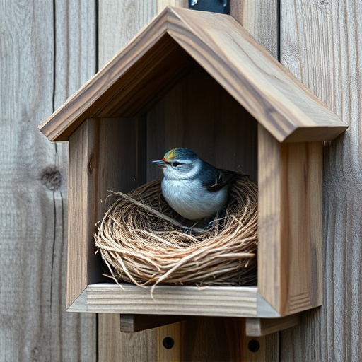 Bird nesting inside cozy wooden box