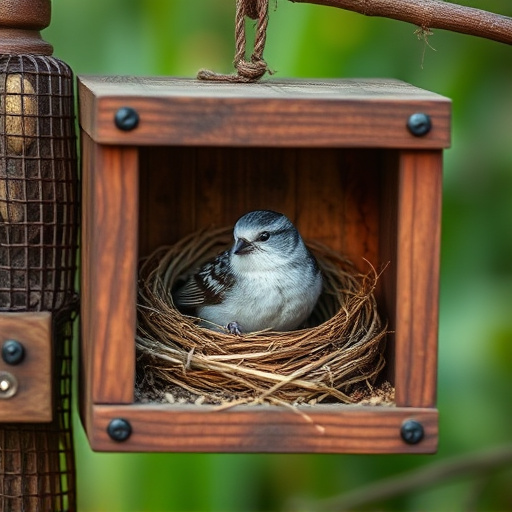 Bird nesting inside cozy wooden box