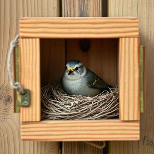 Bird nesting inside cozy wooden box