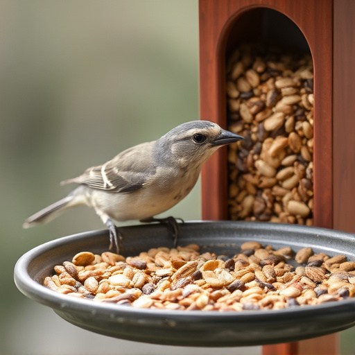 Bird seed scattered on feeder tray