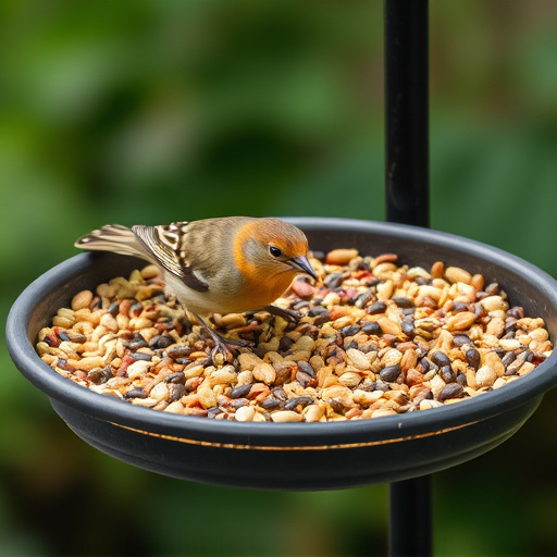 Bird seed scattered on feeder tray