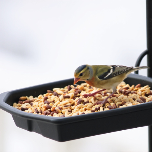 Bird seed scattered on feeder tray
