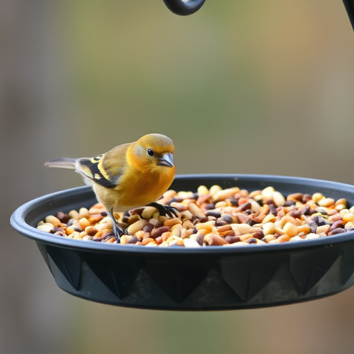 Bird seed scattered on feeder tray